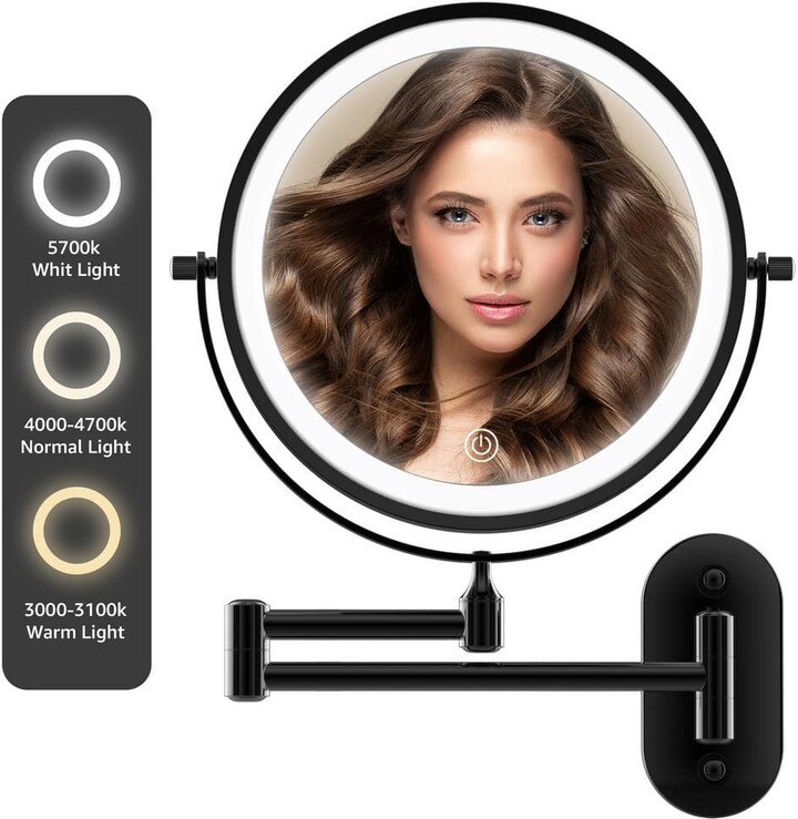 YULIKA 8 in. W x 8 in. H Lighted Magnifying Wall Makeup Mirror Rechargeable Makeup Mirror in Black