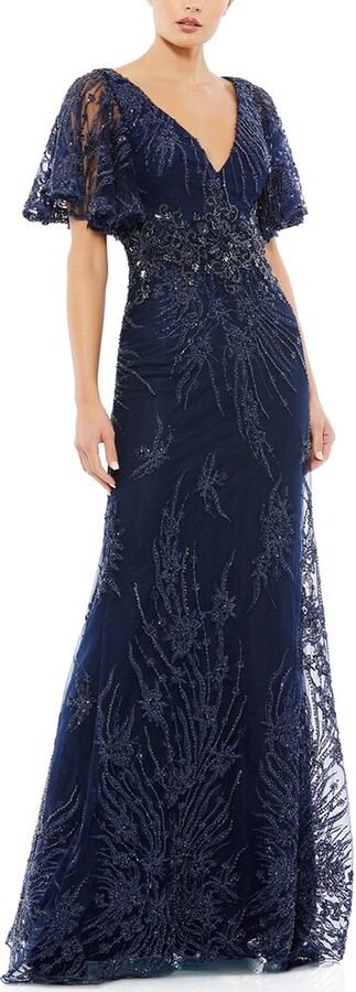 Mac Duggal Embellished Illusion Butterfly Sleeve A-Line Gown