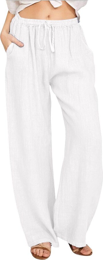 SCUSTY Women's Summer Cotton Linen Wide Leg Pants Drawstring High