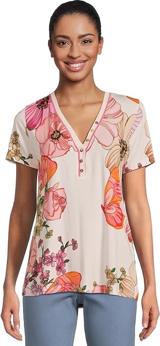 Johnny Was The Janie Favorite Short Sleeve Henley T-Shirts Women's Clothing Rosabelia : SM, Rayon/Spandex