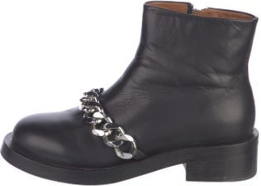 Givenchy Leather Ankle Combat Boots Blue Round-Toes with Chain-Link Accents Multistrap & Concealed Zip Closure at Sides Designer