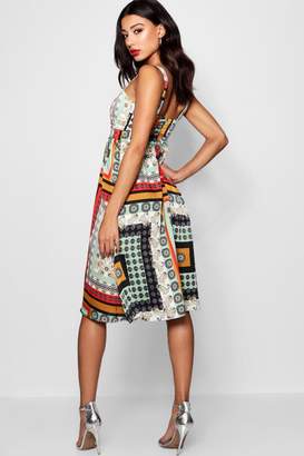 boohoo Scarf Print Bow Front Skater Dress