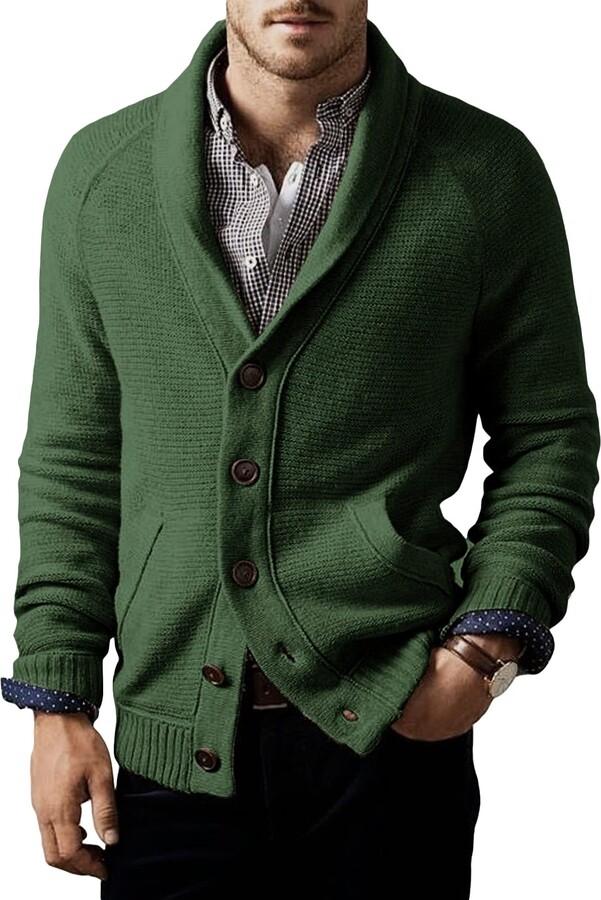 FUERI Mens Shawl Collar Cardigan Sweater Casual Long Sleeve Button