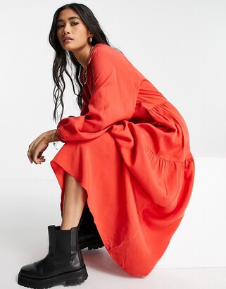 And other stories & long sleeve smock maxi dress in red