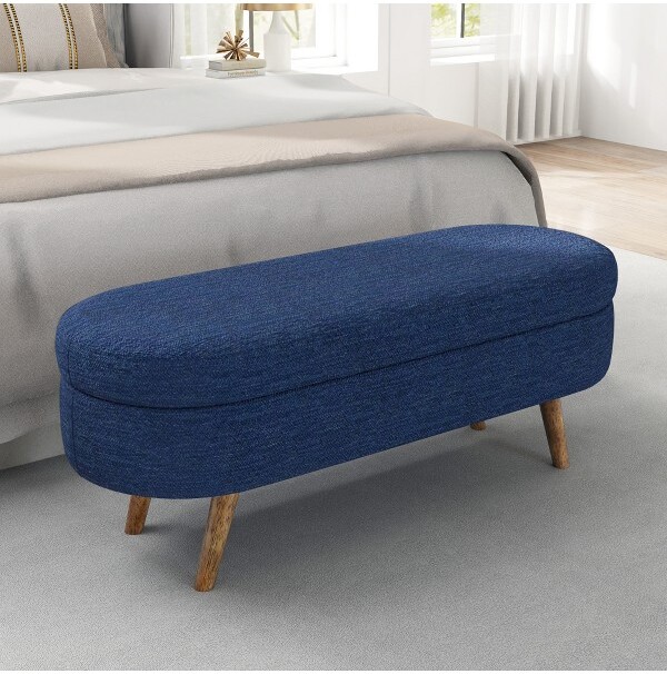 GulchesOttomanOvalStorageBenchwithRubberWoodLegsBluePleatedFabricforFootstoolSeatHomeDecor
