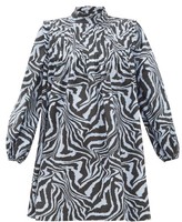 Thumbnail for your product : Ganni Zebra-print Pintucked Cotton Smock Dress - Blue Multi