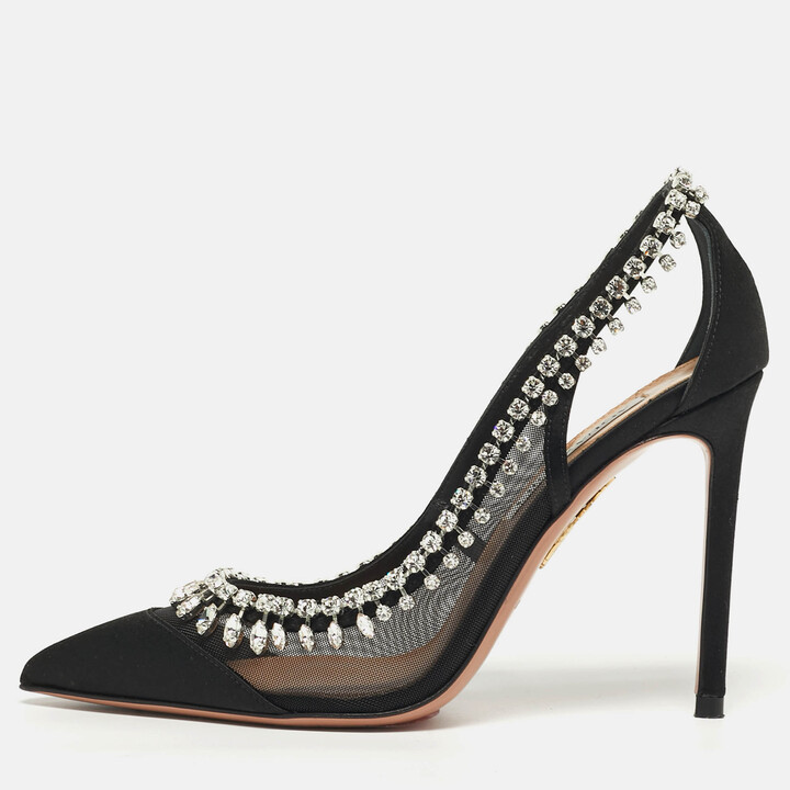 Aquazzura Crystal Crush Size 37 Black Mesh and Satin Pumps