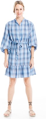 Max Studio Women's Yarn Dye 3/4" Bubble Sleeve Button Front Tier Short Dress
