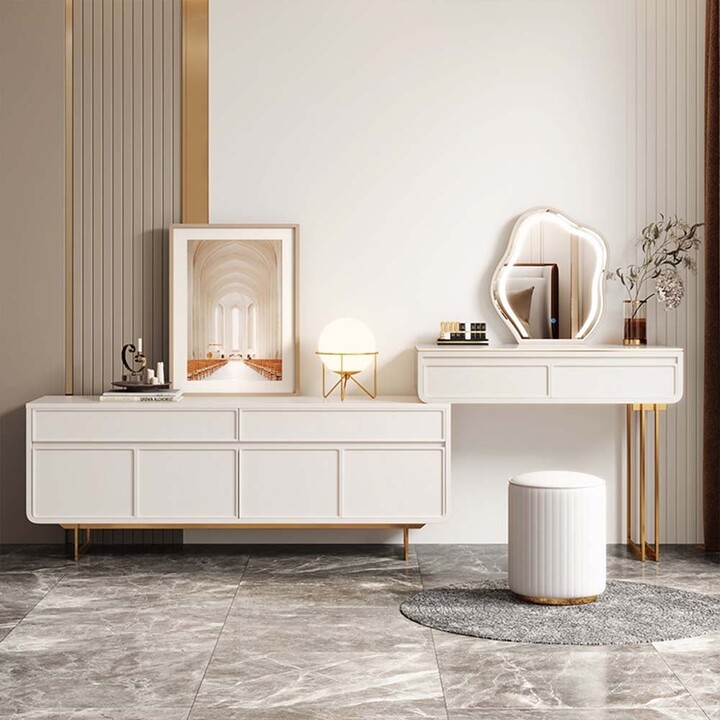 POVISON Modern Makeup Vanity, LShaped Vanity Table with Cloud LED