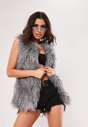 Missguided Grey Shaggy Faux Mongolian Fur Gilet