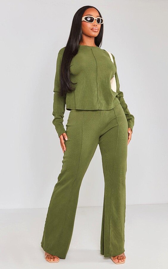 Shape Khaki Soft Rib Pocket Bum Flare Trousers Green ShopStyle