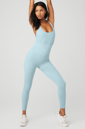 Alo Yoga  Semi-Sheer Seamless Cable Knit Onesie in Chalk Blue