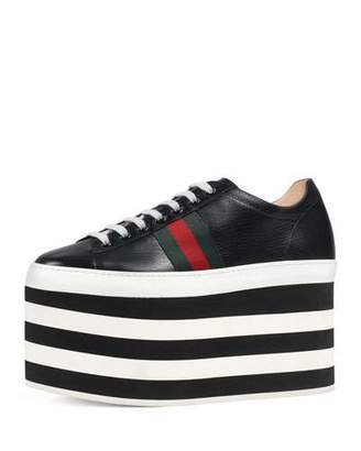 Gucci Peggy Leather Platform Sneaker, Black/White