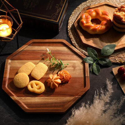Elaine Mercure 3 Piece Acacia Wood Tray Wooden Octagonal Bread Fruit Platter