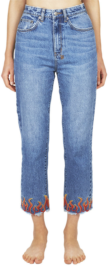 flame embroidered jeans