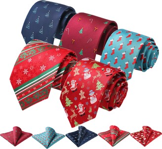 HISDERN Lot 5 PCS Men's Fun Christmas Tie Set Necktie & Pocket Square  Festive Happy Santa Claus Xmas Tree Elk Snowman Gift Box - ShopStyle