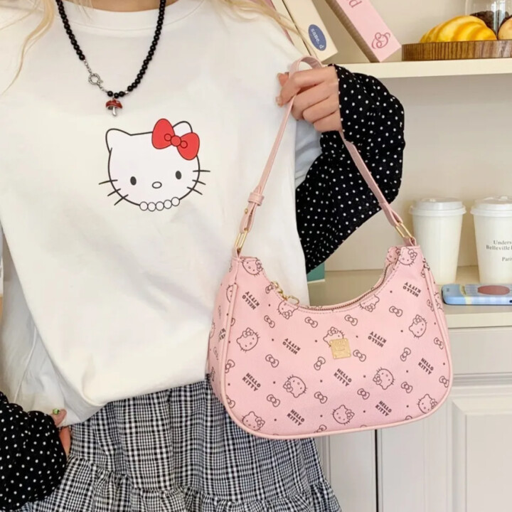 SANRIO KT Cat Print Single Shoulder Bag Cute Cartoon Underarm Bag Women Nice Crescent Moon Bag Casual College Student Commuter Bag