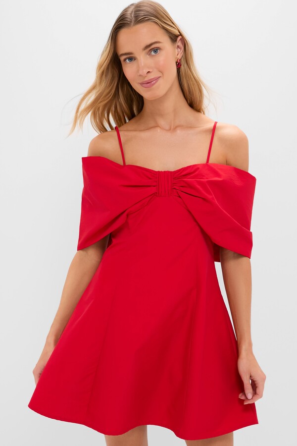 Hyacinth House Off-the-Shoulder Red Bow Bates Mini Dress