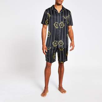 River Island Mens Black RVR print satin short family pyjama set