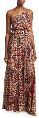 Haute Hippie Silk One-Shoulder Paisley Column Gown, Kennedy