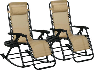 Arlmont & Co. Outsunny 2 Pieces Outdoor Rocking Chairs, Foldable Reclining Zero Gravity Lounge Rocker with Pillow, Cup & Phone Holder, Combo Design with Folding Leg