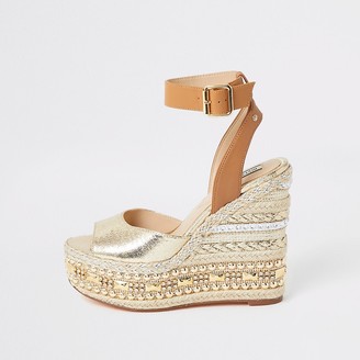 River Island Gold embellished wedge sandals - ShopStyle