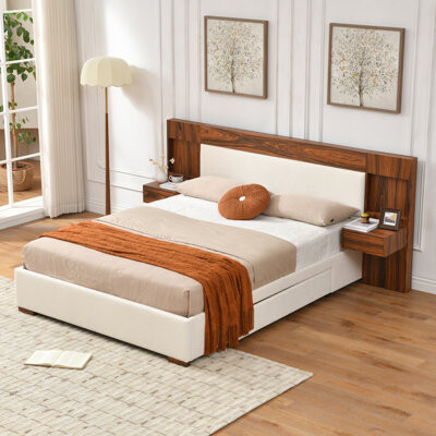 Millwood Pines Extended Headboard Bed Frame With 2 Nightstands, Upholstered Linen Platform Bed, 2 Large Drawers & Storage Headboard, Natural Wood Grain