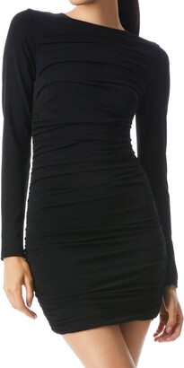Alice + Olivia Katherina Crew Neck Long Sleeve Ruched Fitted Mini Dress In Black