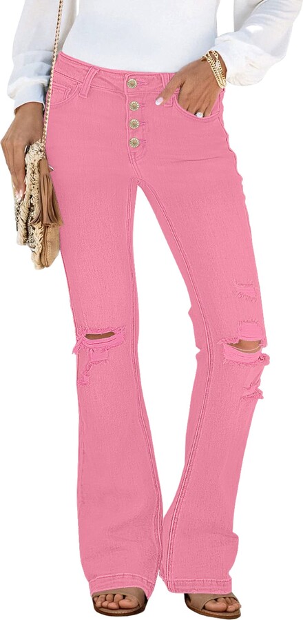 Utyful Women's High Waist Button Fly Ripped Jeans Stretchy Flare Denim  Jeans Bell Bottom Pants Button Fly Hot Pink XX-Large - ShopStyle