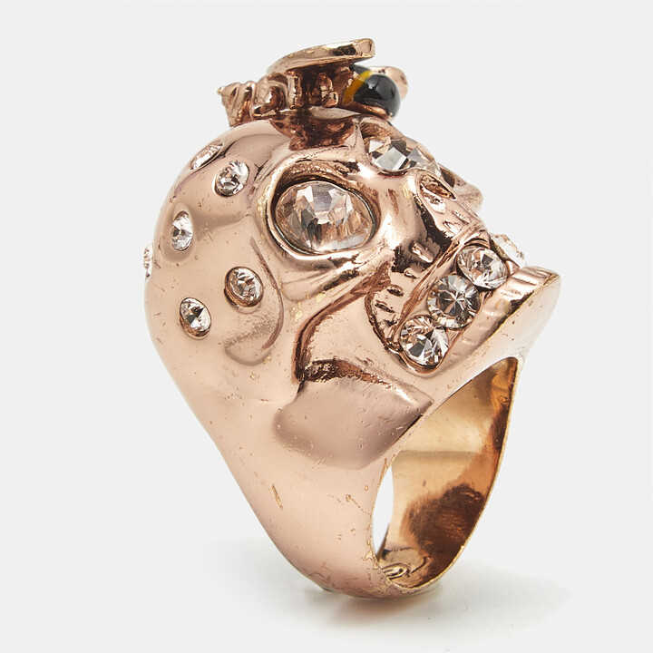 Alexander McQueen Skull Bee Enamel Crystals Rose Gold Tone Ring Size 55