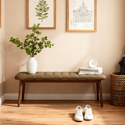 George Oliver Midcentury Solid Wood Bench with PU Leather Padded Seat - Versatile Bench for Entryway Dining Room & Bedroom as End of Bed Bench