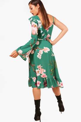 boohoo One Shoulder Floral Midi Tea Dress