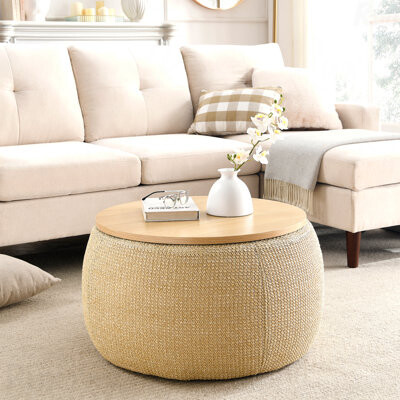 Latitude Run Round Storage Ottoman - 2 In 1 End Table & Footrest
