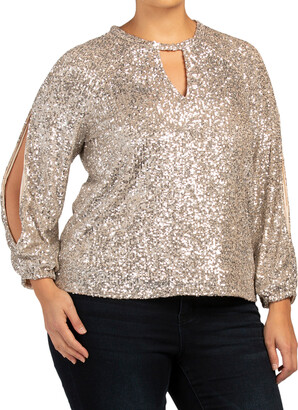 Cable & Gauge Plus All Over Sequins Top With Keyhole And Open Sleeves -  ShopStyle