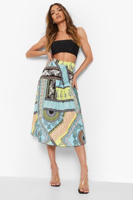 boohoo Scarf Print Pleated Longer Length Midi Skirt