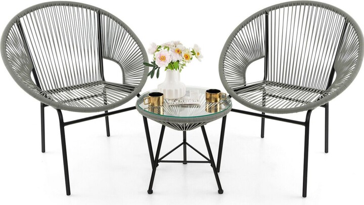Sugift 3 Pieces Patio Acapulco Furniture Bistro Set with Glass Table-Gray