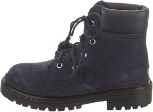 Jimmy Choo Suede Ankle Combat Boots Blue Round-Toes with Pom-Pom Embellishments Lace-Up Closure at Uppers