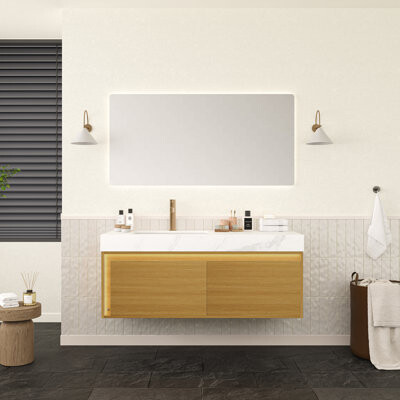 Nyah 48'' Bathroom Vanity&sink, Floating Ultra-slim Grille Plywood Storage Cabinet, Drawers With Sensor Light, Carrara White Sintered Stone Top&cerami