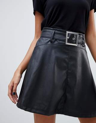 ASOS Design leather look mini skater skirt with belt detail