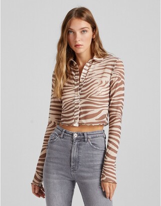 Bershka mesh shirt in brown zebra print - ShopStyle Tops
