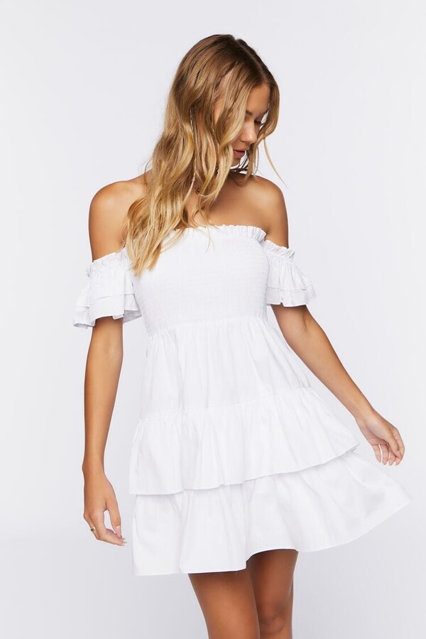 Blue And White Dress With Ruffled Short Sleeves | ShopStyle