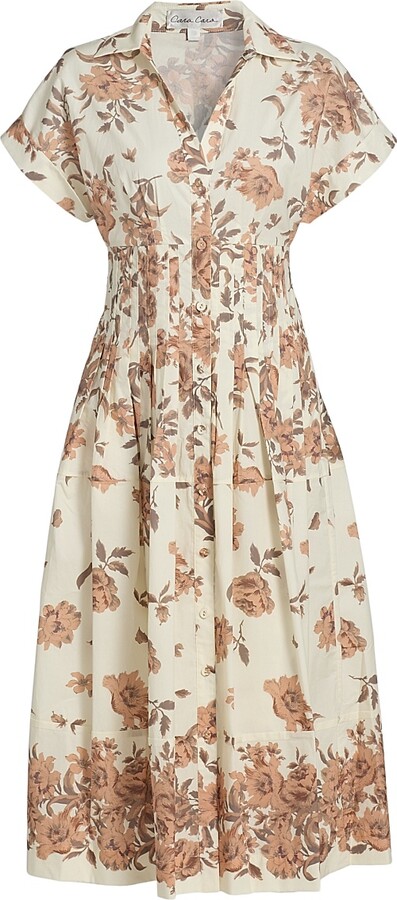 Cara Cara Women's Nash Floral Cotton Poplin Midi-Shirtdress - Farfella Border Egret - Size XS