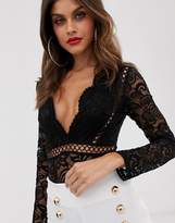 Thumbnail for your product : Love Triangle plunge front scallop edge body with tassel detail and lace insert in black
