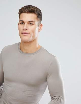 BEIGE Design Longline Muscle Fit T-Shirt With Long Sleeves In Beige