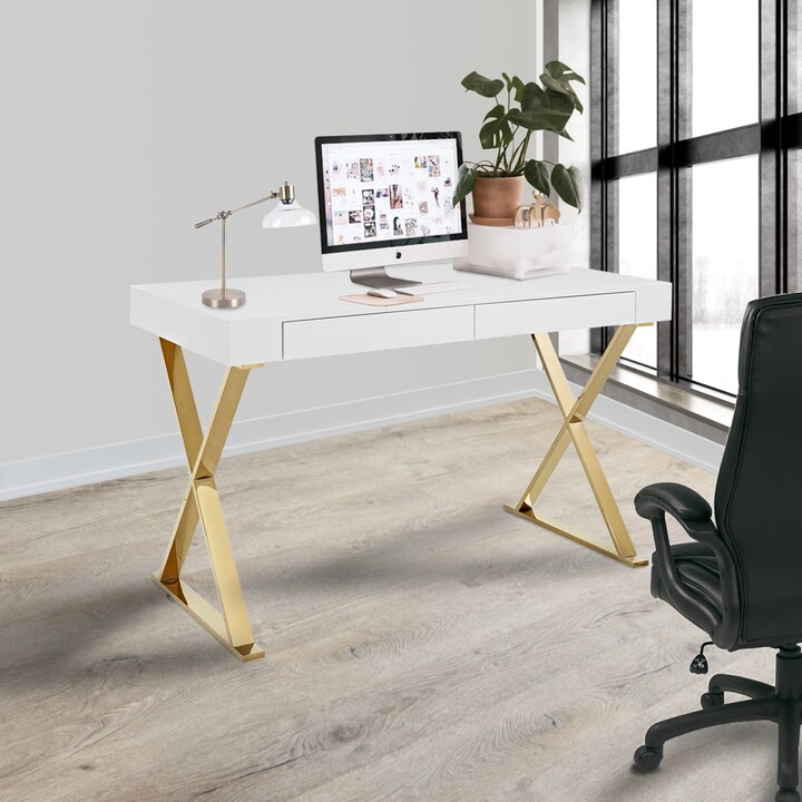 Parker Modern White High Gloss Home Office Computer Writing Desk with Gold Metal Legs ShopStyle