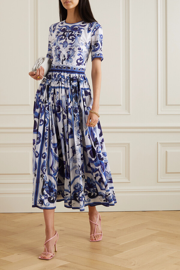 Dolce & Gabbana Pleated Printed Cotton-poplin Midi Dress - Blue - ShopStyle