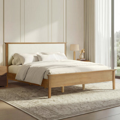CHITA Eirene Farmhouse Solid Wood Platform Bed With Boucle Upholstered Headboard