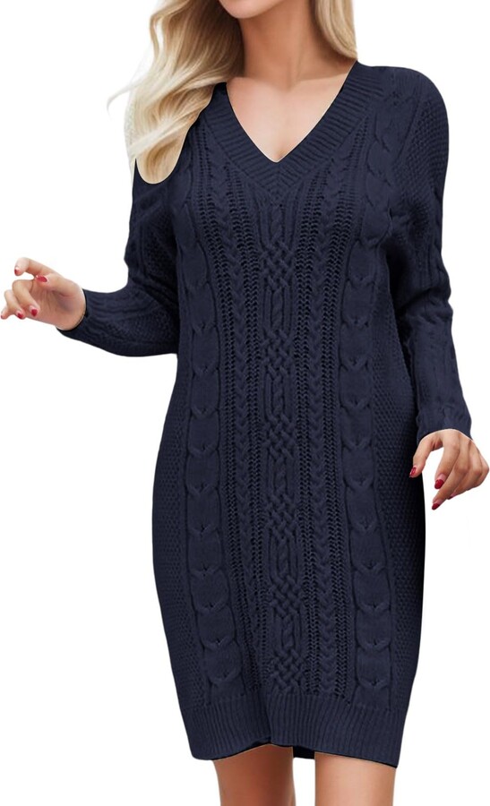 Generic Women's Autumn Jumper Women V Neck Long Sleeve Cable Knit Sweater  Dress Loose Oversized Chunky Pullover Dress Off Shoulder Christmas Sweater  Dress Blouses Long Sleeve Blue - ShopStyle