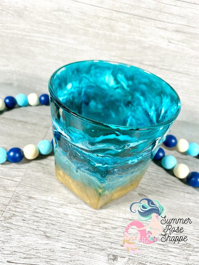 Glass Beach Ocean Themed Bourbon Rocks - Blue Teal & Gold On The Dad Gift Hand Painted Housewarming House