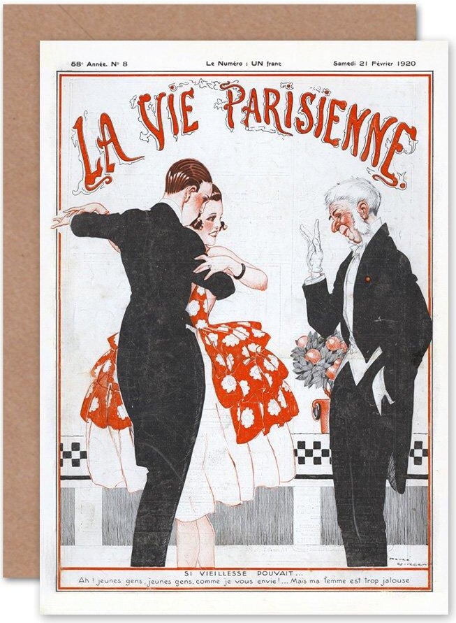 La Vie Parisienne Red Woman Pierrot Clown Magazine Cover Greetings Card Plus Envelope Blank Inside